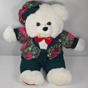Vintage DanDee Holly Berry Bear 1995 Christmas Plush White Teddy Bear 18 Inch